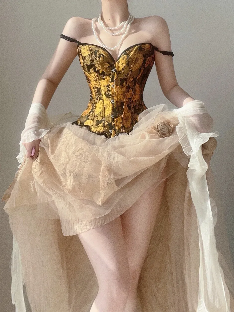 Description Picture 6 of itemWomen Sunflower Oil Paiting Floral Embroidery Corset Vintage Shapewear Bustiers Overbust Bust Shaping Tank Tops Tight Top