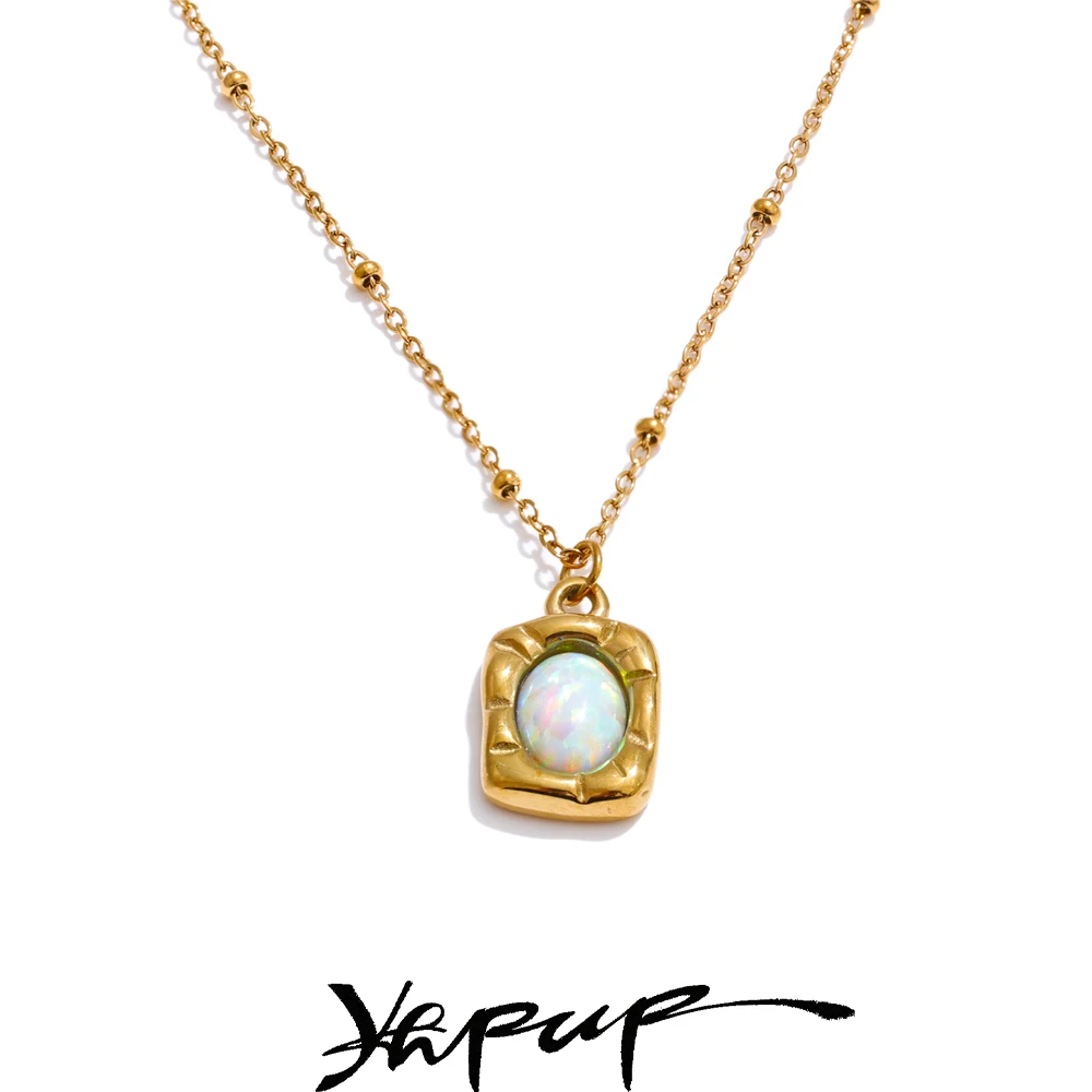 Yhpup Imitation Opal Rectangle Necklace 316L Stainless Steel