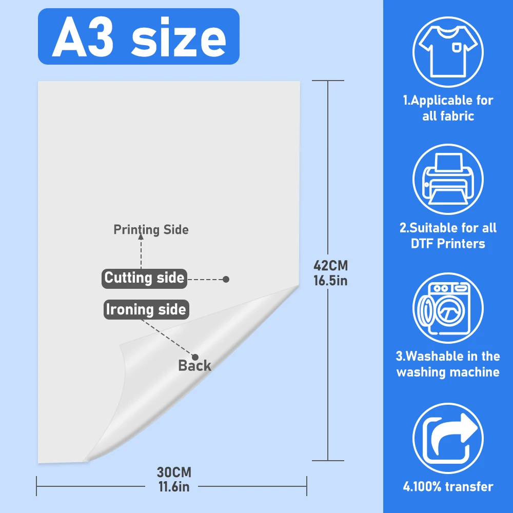 25/50/100PCS A3 DTF Transfer Film A4 DTF PET Film For DIY Direct on Clothes Bags Heat Transfer Paper For Printer