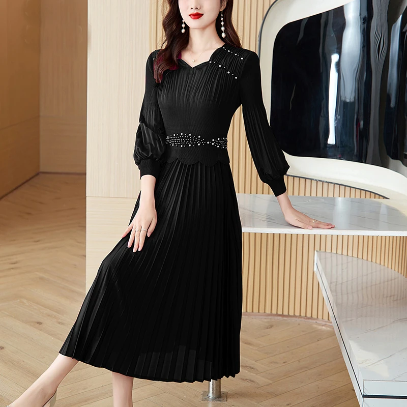 Spring Pleated Patchwork Chic Diamonds Luxury Midi Women's Dress Summer Elegant Bodycon Dress 2024 Korean Formal Occasion Dress