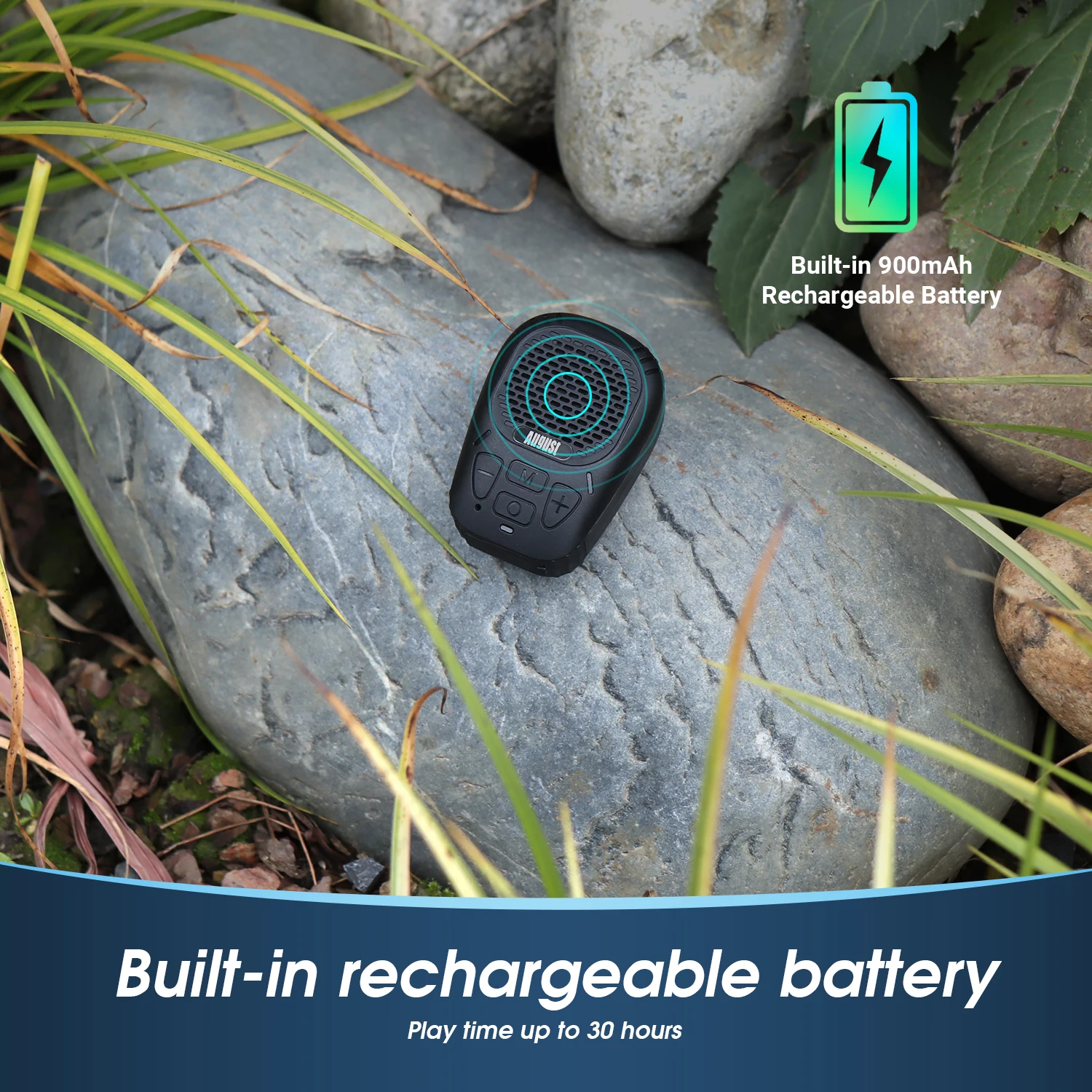 August MS550 Portable Bluetooth 5.3 Speaker with Magnetic Clip On and Microphone 30H Playback IP56 TF for MP3 Hands Free Calling
