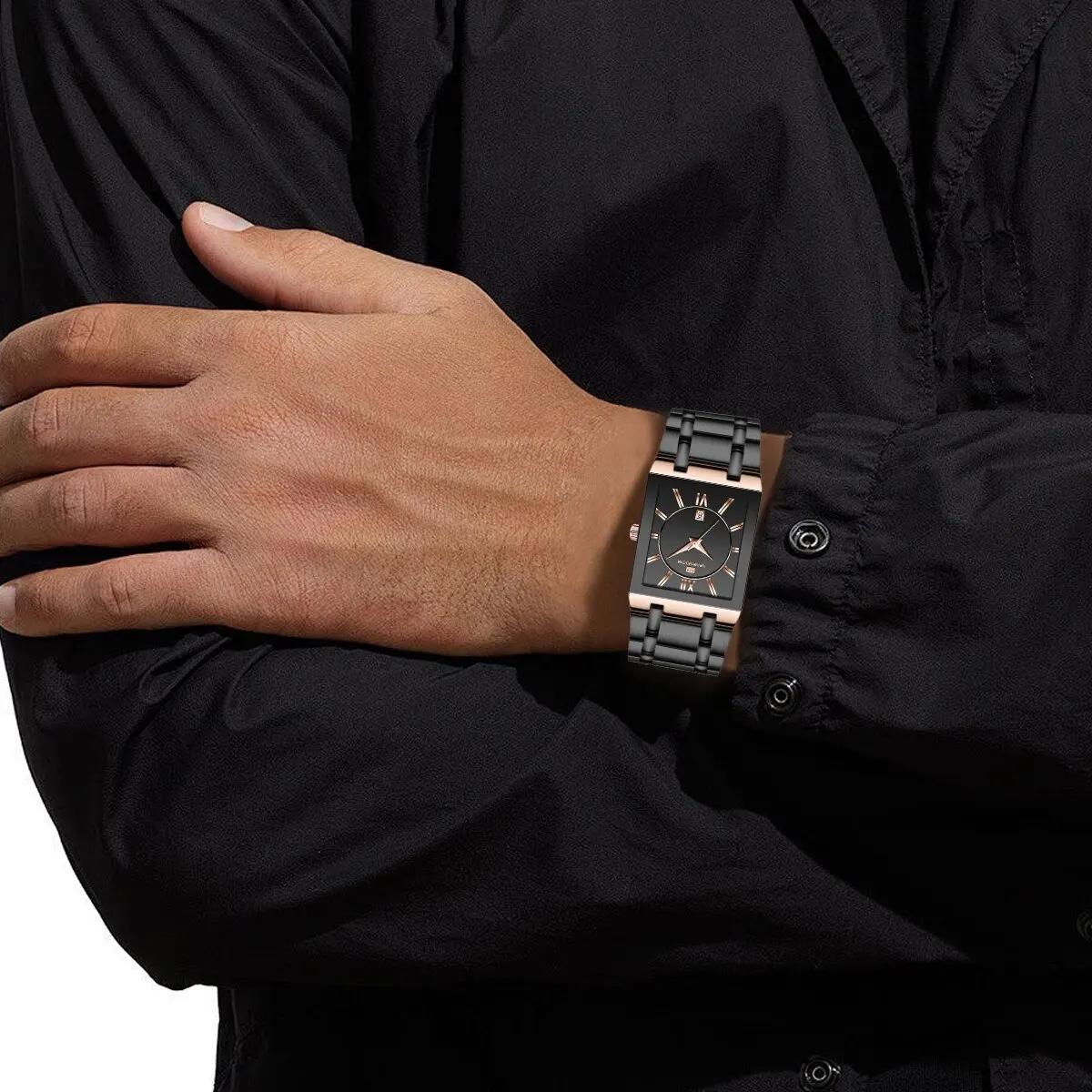 Men Business Watch Simple Design Luxury Fashion Rectangular Black Gold Stainless Steel Calendar Waterproof Quartz Men's Watches 4