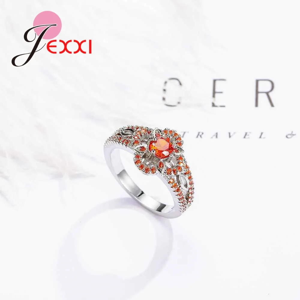 Pure 925 Sterling Silver Needle Jewelry Orange Crystal Bowknot Flower Ring for Ladies Girls Christmas Gift