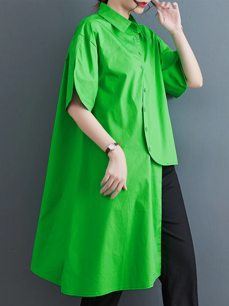 2025 Summer New Green Vintage Irregular Shirt Women Single Breasted Lapel Short Sleeve Loose Casual Blouse Top Fashion Clothing