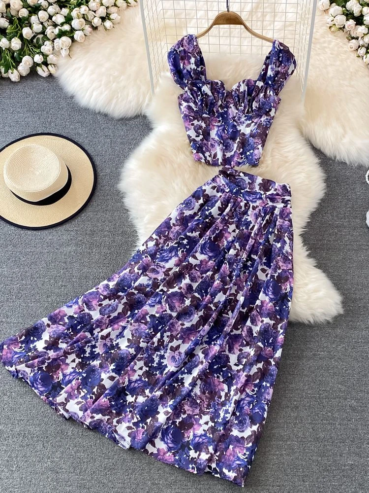plus size formal pant suits Summer For Woman Floral Sexy Boho Two Piece Set  Sexy Chic Midi Skirt Casual Suit Vacation Beach Maxi Clothes women's shorts and blazer suit set
