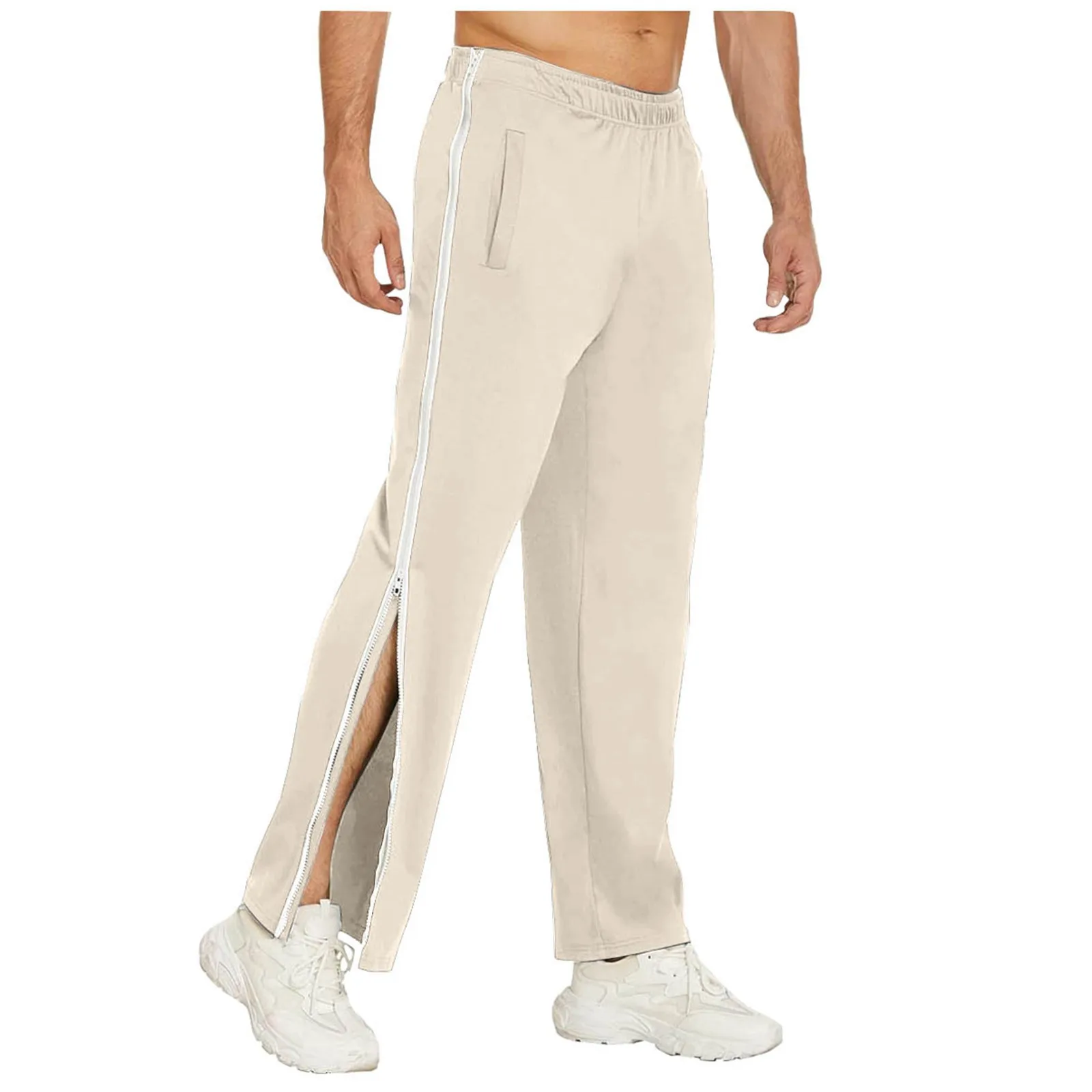 

Men Sweatpants Elastic Waistband Pocket Sports Trousers Splicing Color Wide Leg Side Zipper Tear Away Basketball Pant Streetwear