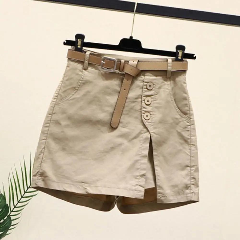 

Women Eastic Waist Shorts High Waist Women's Skirt Shorts Buttoned Side Split Above Knee Length Solid Color Pockets Soft