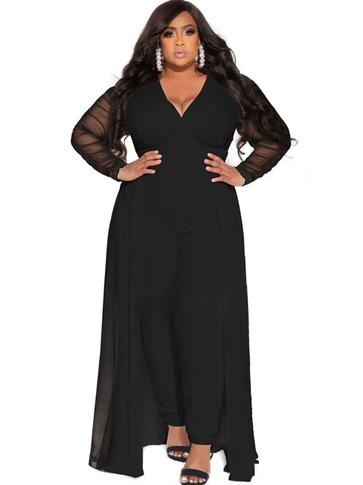 

Sexy V-neck 2 Piece Women Set 2022 New Autumn Fashion Mesh Full Sleeve Lrregular Long Top And Pants Suit Party Lady Matching Set