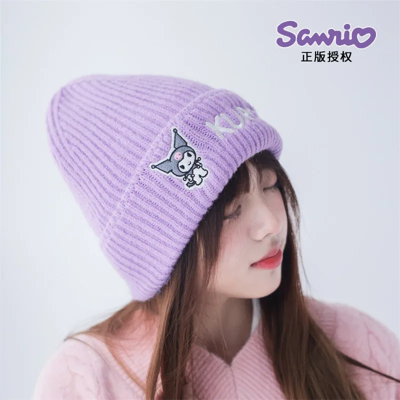 

Kawaii Sanrio Anime My Melody Kuromi Pochacco Cartoon Monochrome Knitted Hat for Girls To Keep Warm and Fleece When Going Out