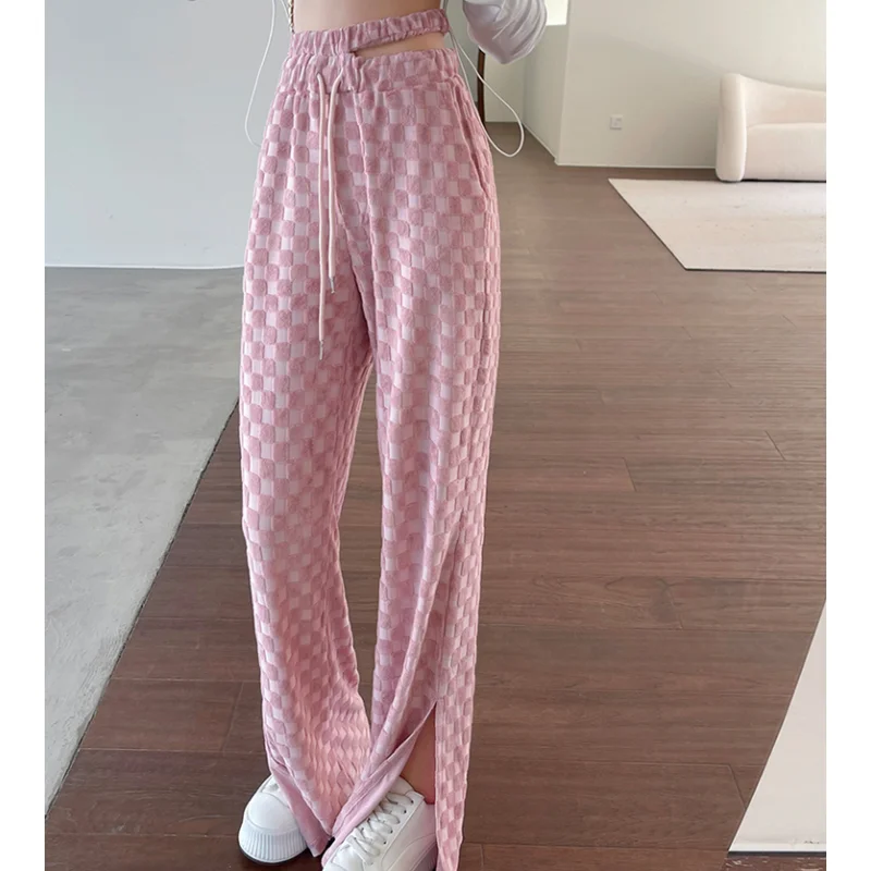 

Fashion Pink and White Grid Drawstring Sweatpants Vintage High Waist Straight Pants Thin Baggy Bind Feet Trouser Ladies Spring
