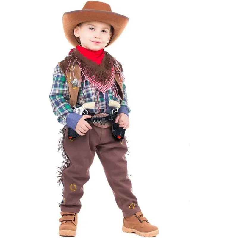 Kids Cosplay Costume Cowboy Toy Set Pistols Sheriff Badge Gun Holsters and Adjustable Belt Old Western Sheriff Cosplay Costume 9 Piece Set for Kids