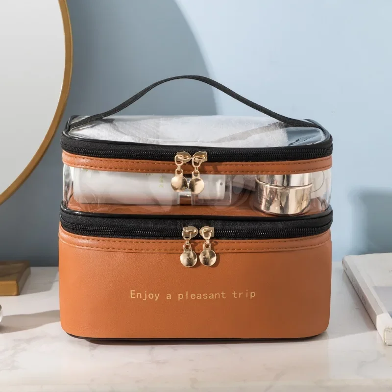 Double makeup bag ladies solid color transparent toiletries portable fashion travel large capacity storage bag wholesale