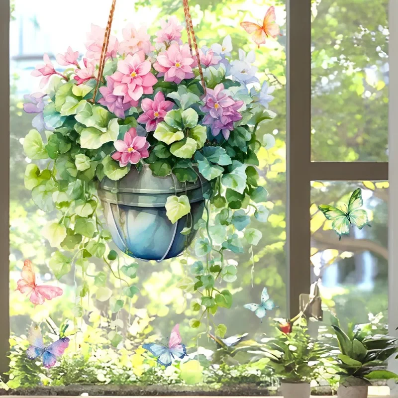 40x60cm Fresh Window Flower Basket Decals Static Cling Glass Films for Room Decor Home Decoration Stickers