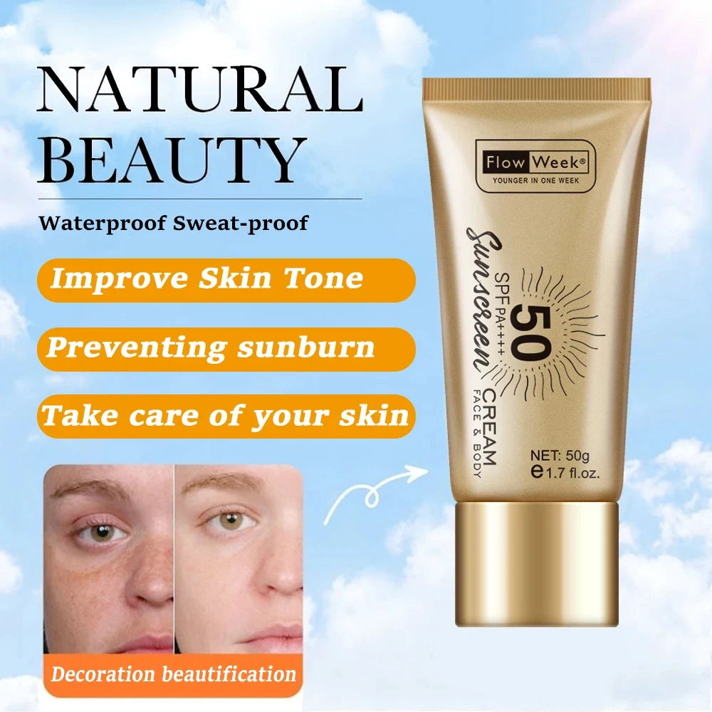 FlowWeek SPF 50 Oil-Control Waterproof UV Protector Concealer Moisturizing Brightening Facial Body Sunscreen Whitening Sun Cream