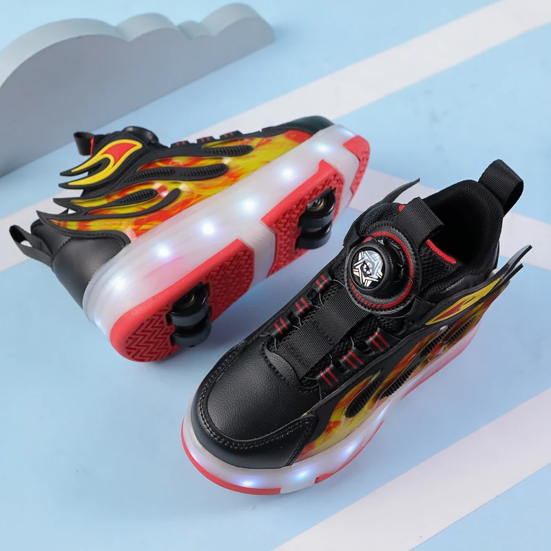 New children's four-wheel novice light up rotary button automatic shrinkage fast walking shoes for boys sneakers