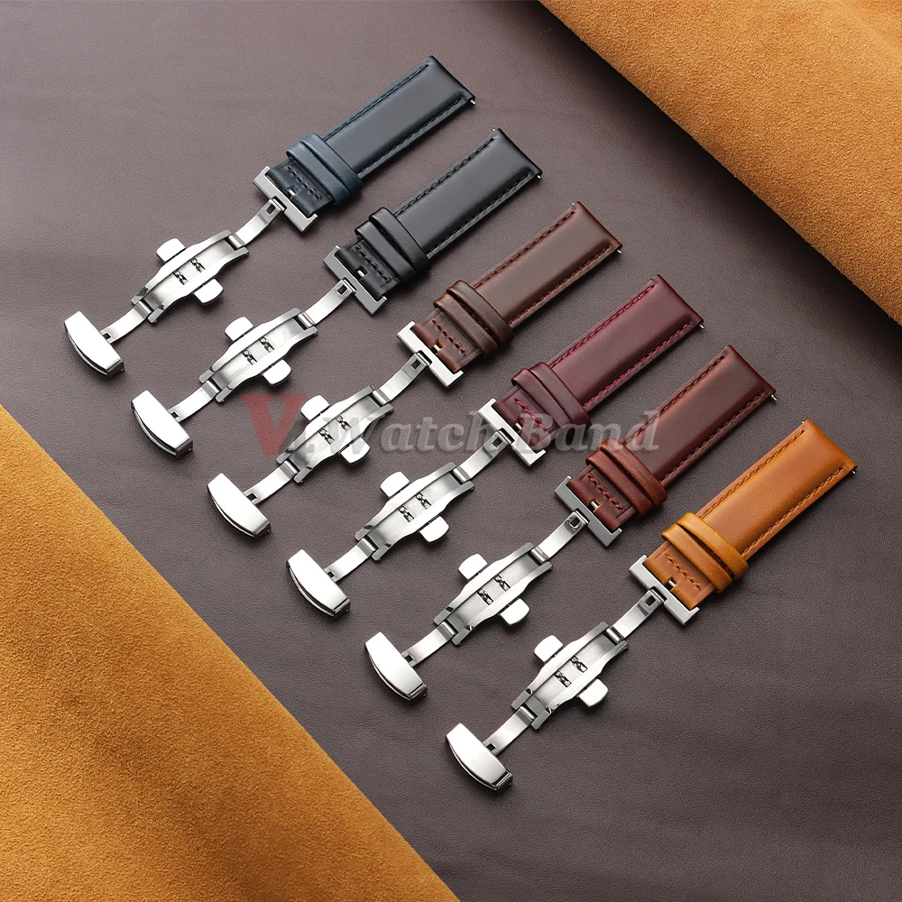 Luxurious Dark Brown Calfskin Leather Watchband with Butterfly Buckle