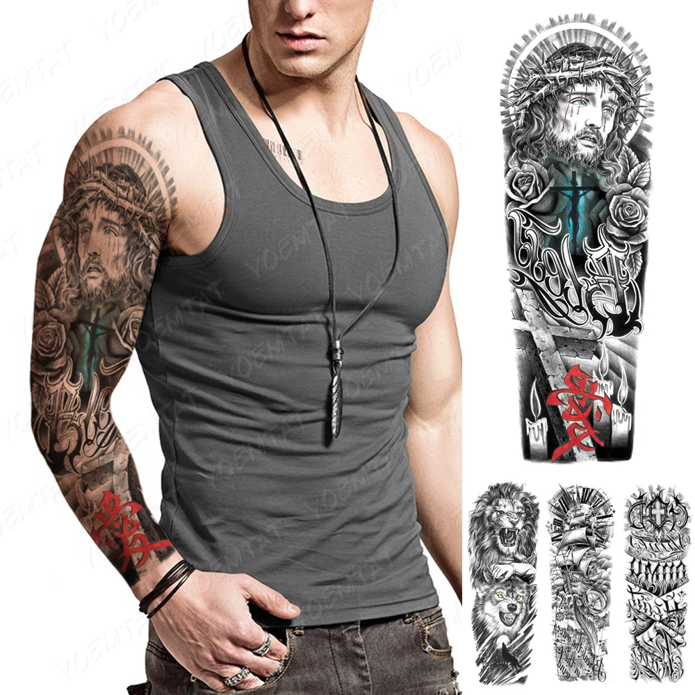 

Full Arm Waterproof Temporary Tattoo Sticker Thorns Bleeding God Jesus Rose Cross Candle Love Text Men Women Body Art Fake Tatto