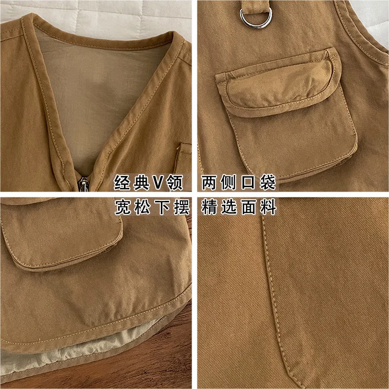 Spring Children Boy Cardigan Vest Cotton V-collar Sleeveless Young Kid Boy Top Solid Zipper Retro Casual Baby Tank Coat