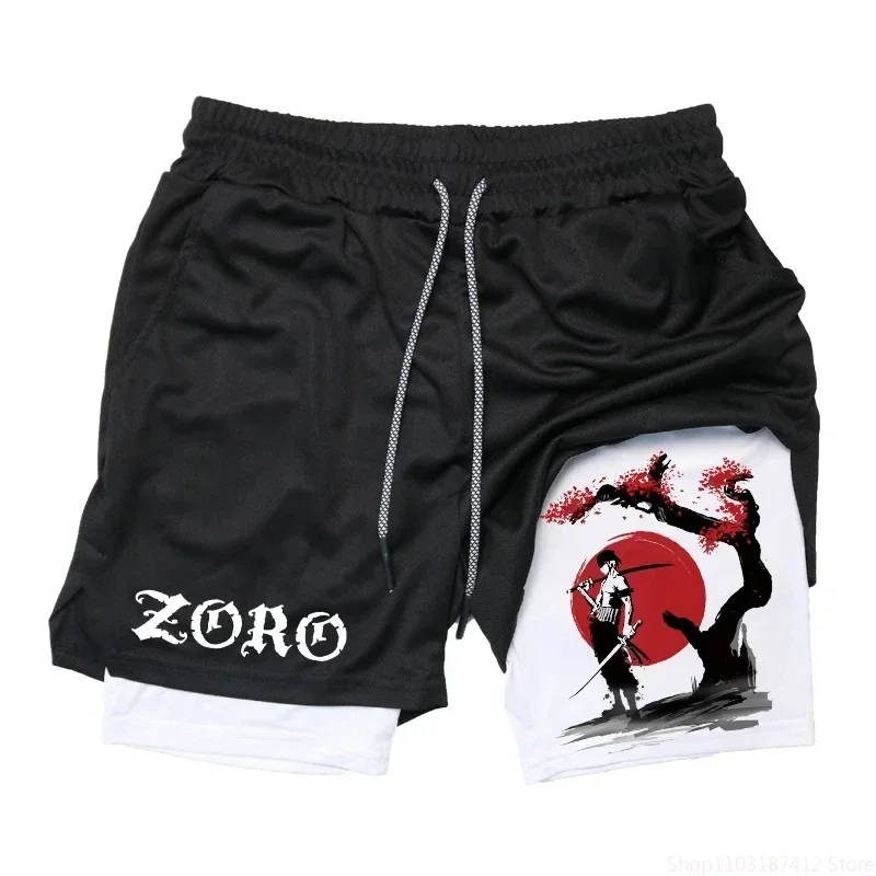 Anime Print Two-in-one Men's Elastic Double-layer Shorts Summer Quick-drying Running Fitness Compression Sports Shorts M-3XL 3