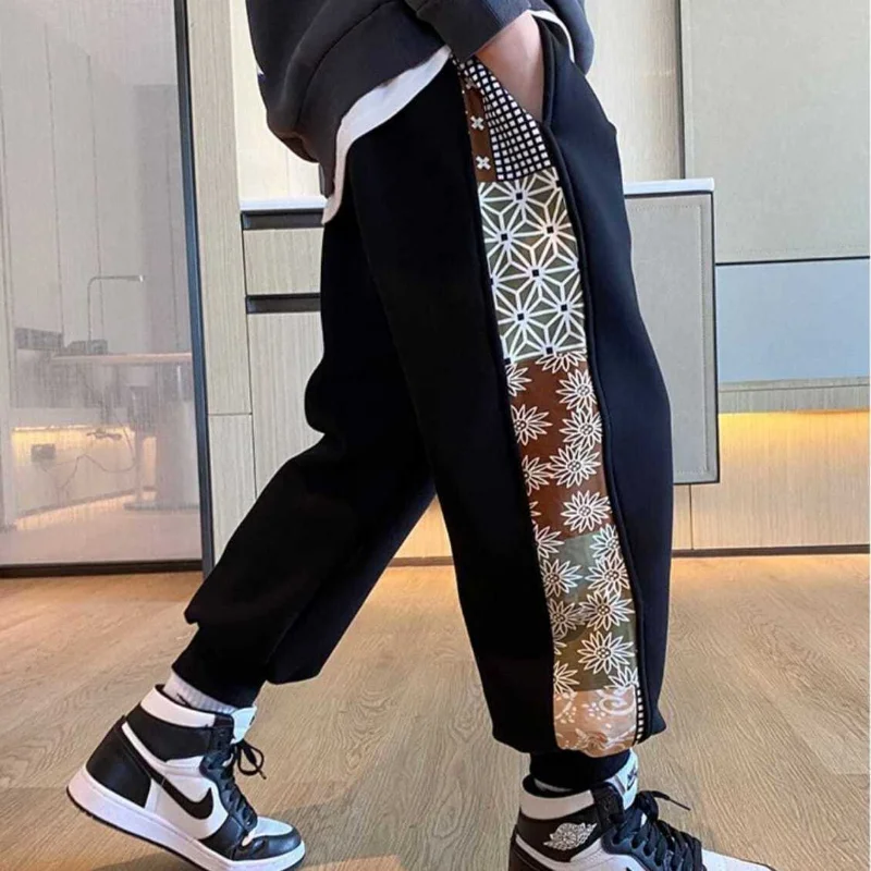 

Kids Clothes for Teens Winter Fashion New Trousers Side Patchwork Print Sweatpants for Boys Thick Warm Casual Sport Pants 4-12 Y