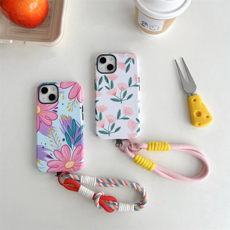 Pink flowers Phone Case Two-In-One Film Protective Shell For iPhone 15 14 13 12 11 Pro Max Plus Mini