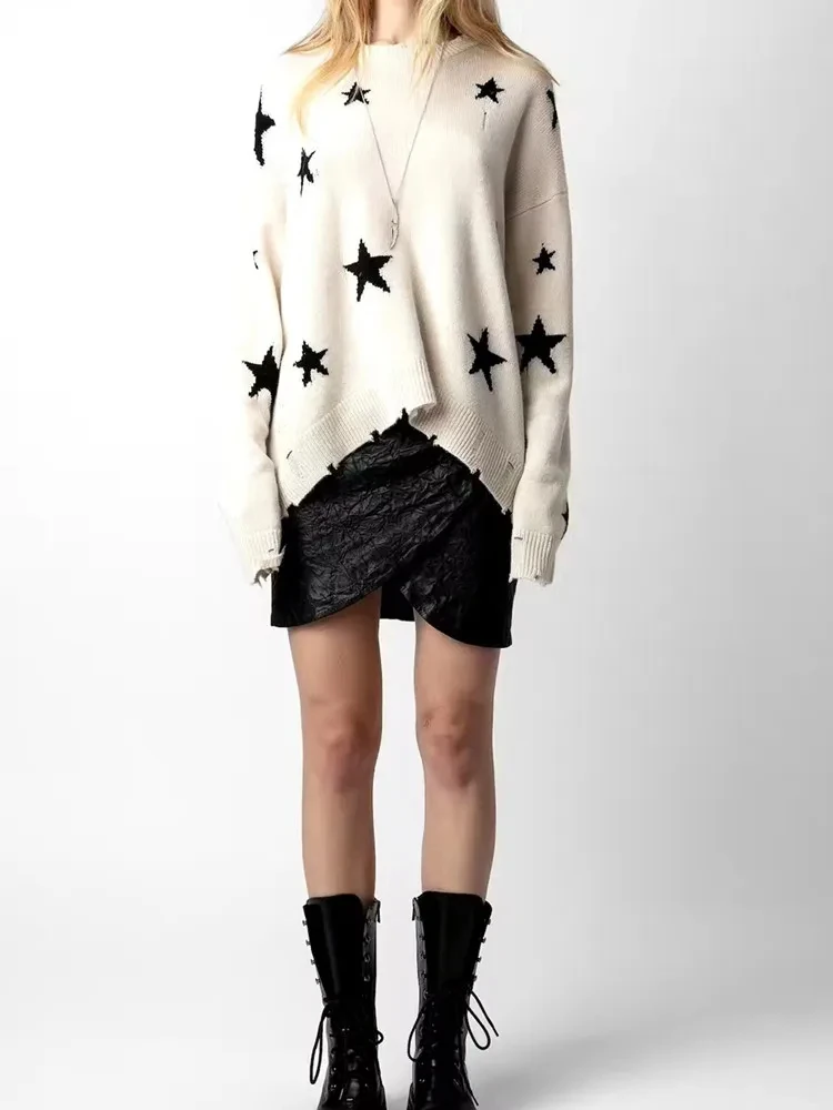 

Stars Jacquard Hole Women Round Neck Sweater Long Sleeve Letter Hollow Out Cuffs Slit 100% Cashmere Female Pullover 2023 Autumn