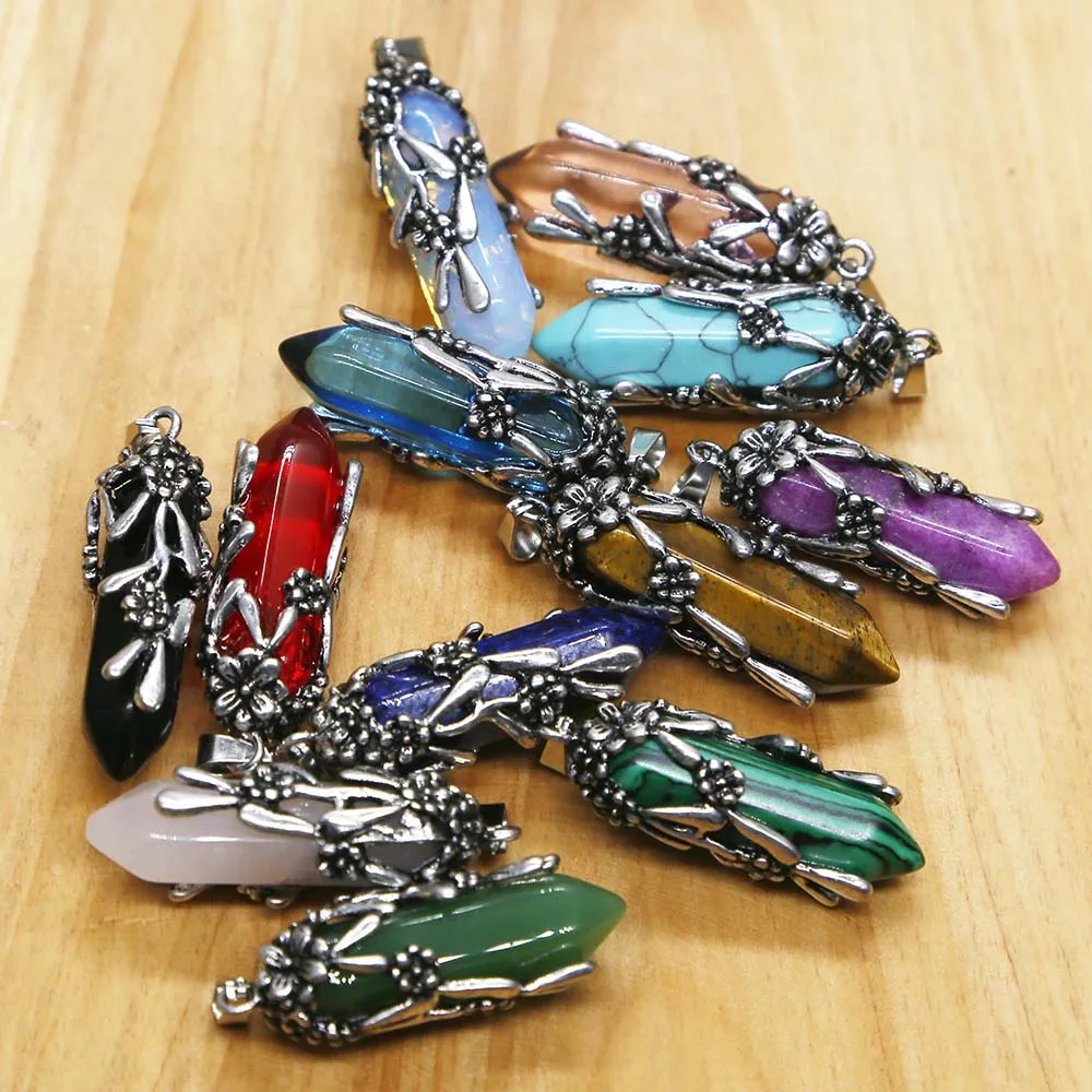 Natural Stone Double Pointed Hexagon Pillar Stainless Steel Flower Necklace Pendants Fashion Jewelry Accessories Wholesale 12Pcs