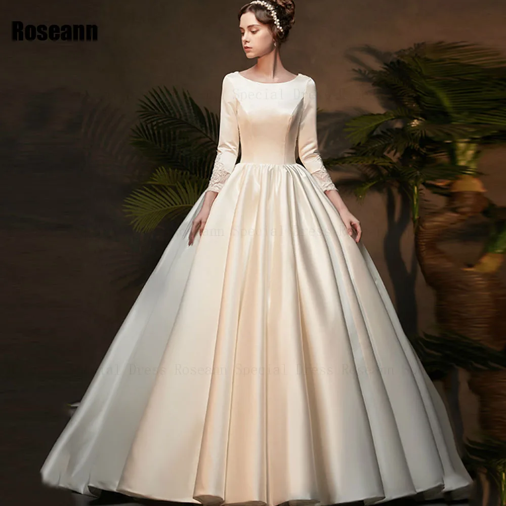 

Muslim 2024 New Design Ivory A-line Wedding Dresses Lace Button Draped Pleat O-Neck Satin Bride Gown Floor Length robe de mariée
