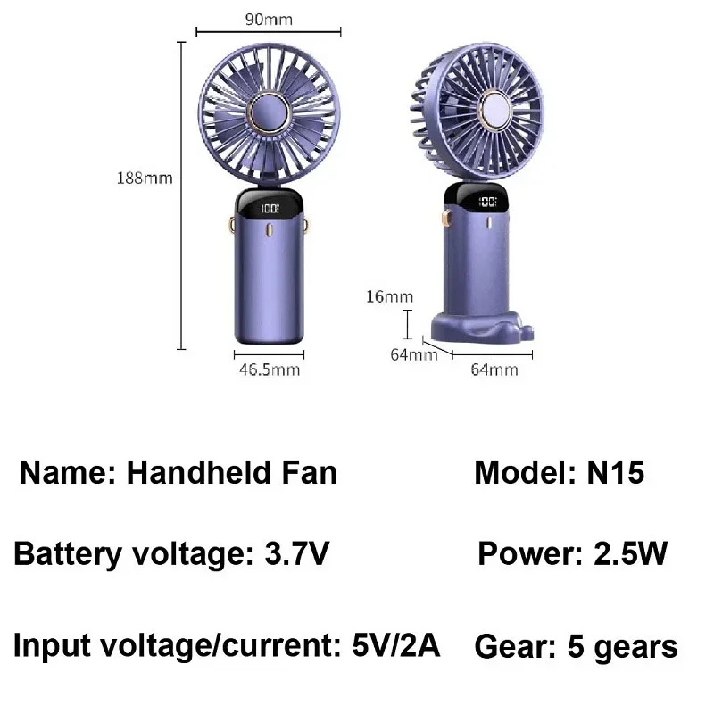 USB Handheld Mini Fan Foldable Portable Neck Hanging Fans 5 Speed USB Rechargeable Fan with Phone Stand and Display Screen handheld fan