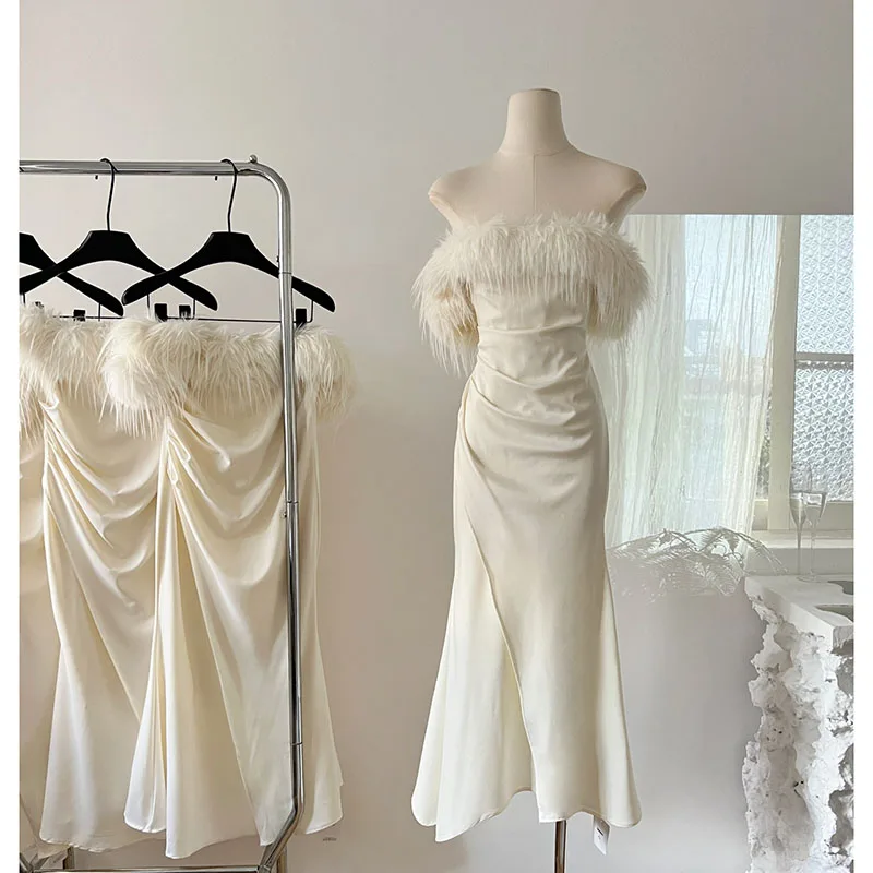 

French Heavy Industry Ostrich Hair Off Shoulder Dress Autumn 2023 New Women's Sexy Fashion Advanced Slimming Formal Party Gowns