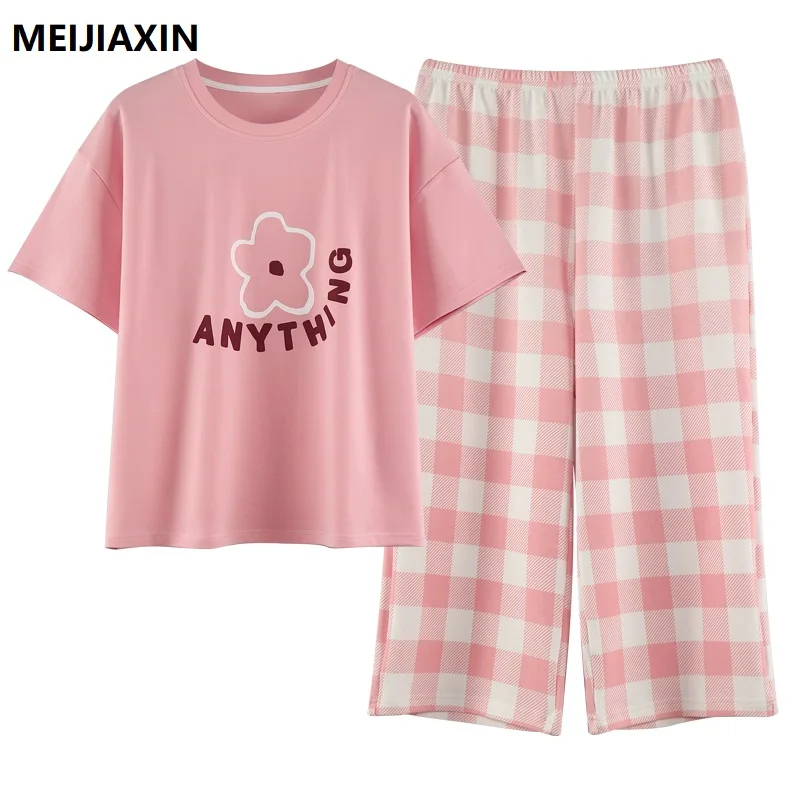 

Летняя женская одежда для сна с цветочным рисунком, Трикотажная хлопковая Женская пижама, Короткие топы + клетчатые брюки, комплект из двух предметов, женская пижама, домашняя одежда