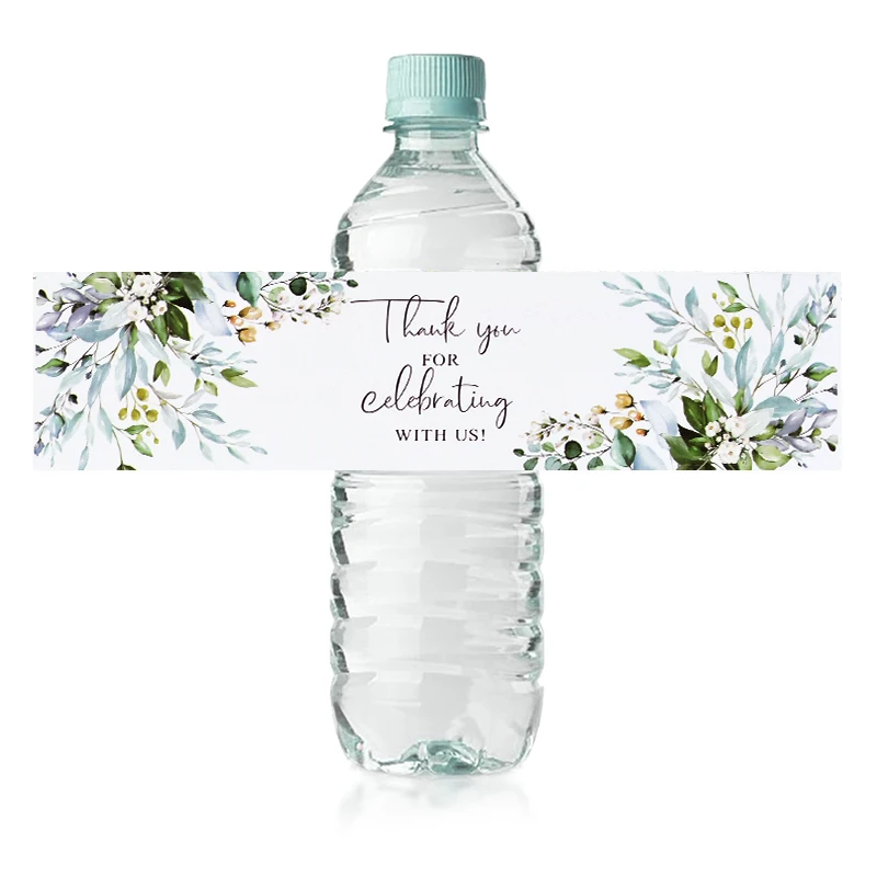 Elegant Eucalyptus Flower Celebration Water Bottle Labels - 30 Pack