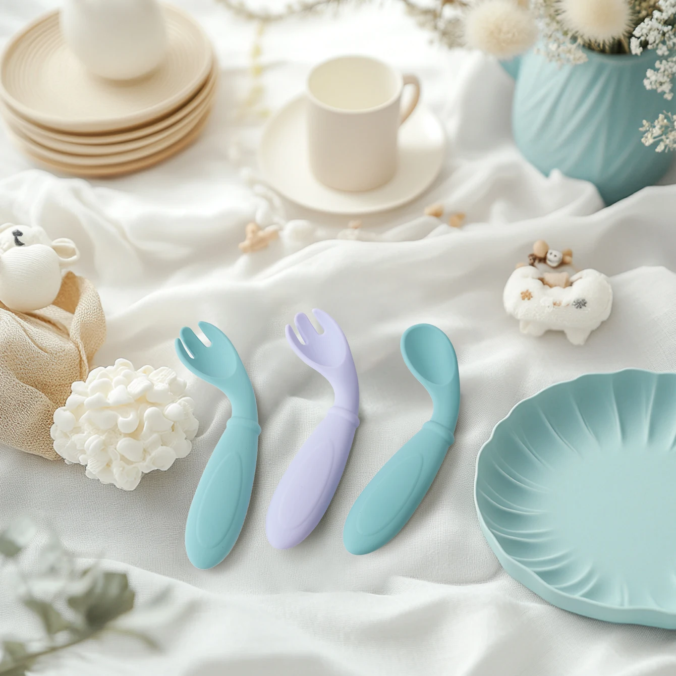 2PCS Silicone Baby Spoon Fork Set BPA Free Self Feeding Training Utensils for 6M+ Toddlers Travel Safe Cutlery Baby Tableware