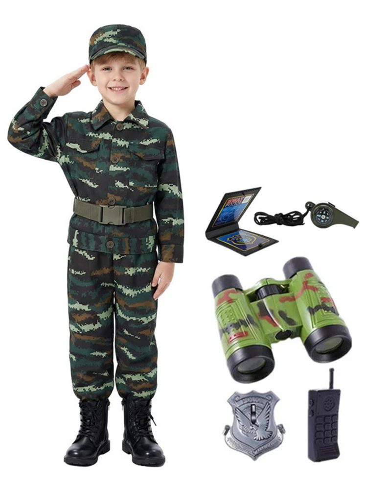 Niedliche Militär-Camouflage-Uniformen für 3–12 Jahre alte Soldaten, so tun so tun, Oberteile, Hosen, Schulgymnastik-Uniformen mit Spielzeug – Detail 3
