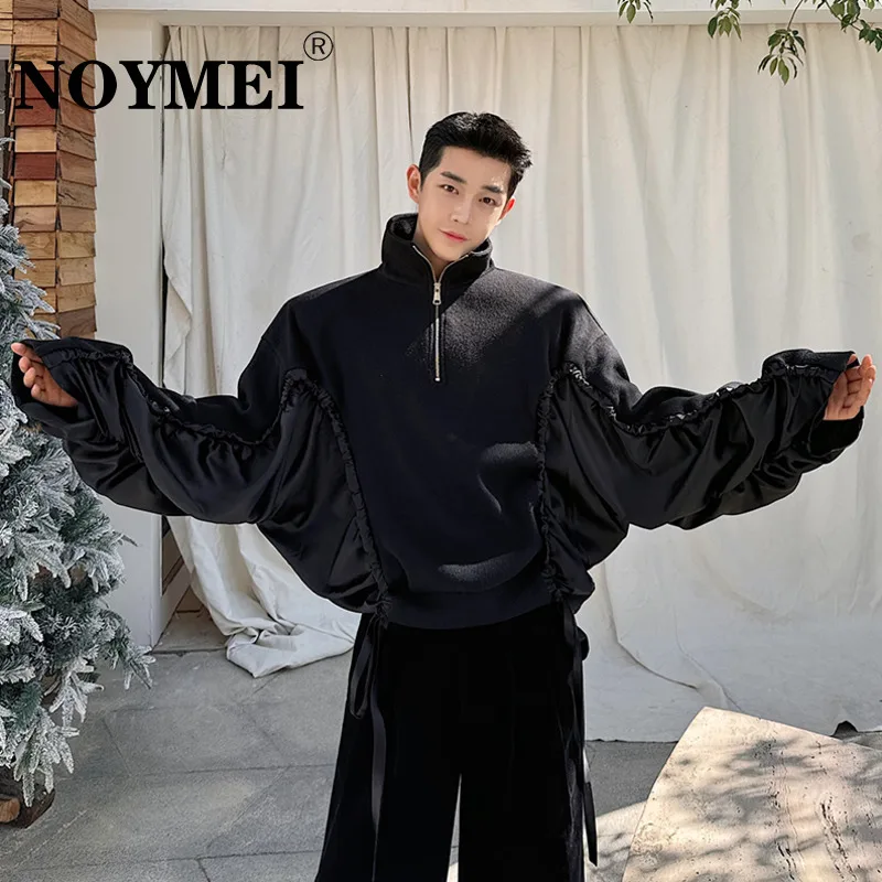 

NOYMEI Men's Pullover Black Patchwork Half Zipper Stand Collar Spring Winter 2024 Drawstring Short Sweatshirt Chic WA3568