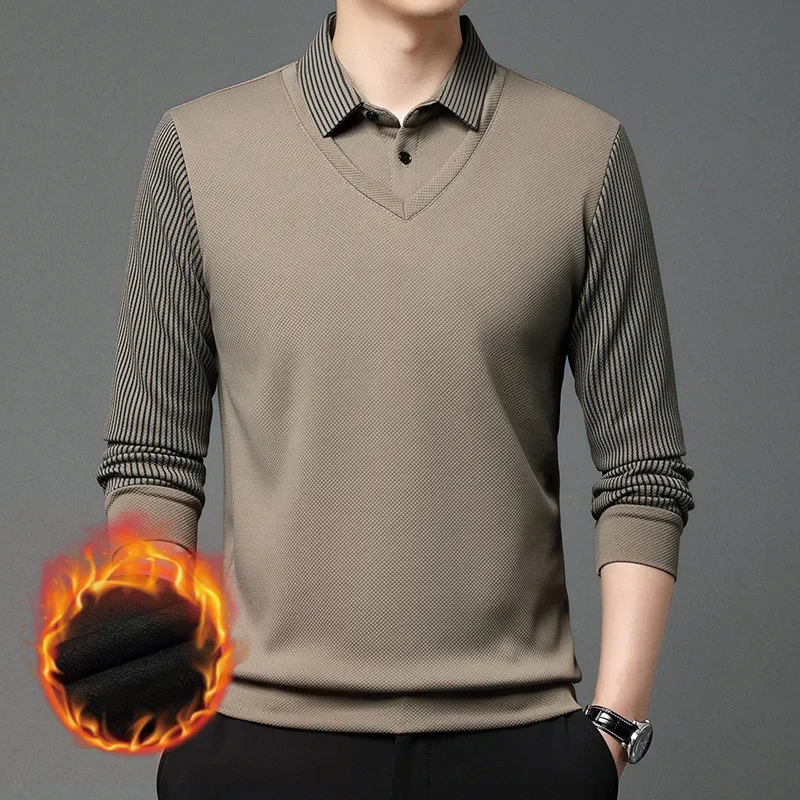 

Men's Plush Thick Warm Polo Shirt, Long Sleeved, Casual Clothing, Middle-aged Fashion, Winter, New