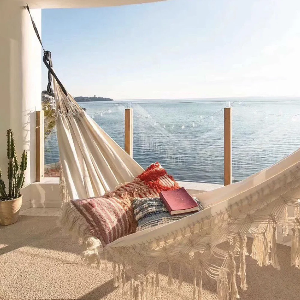 Macrame Double Hammock Bohemian Woven Fringe Tassels Canvas Large Hanging Swing Bed Chair for Beach Yard Bedroom Patio Porch