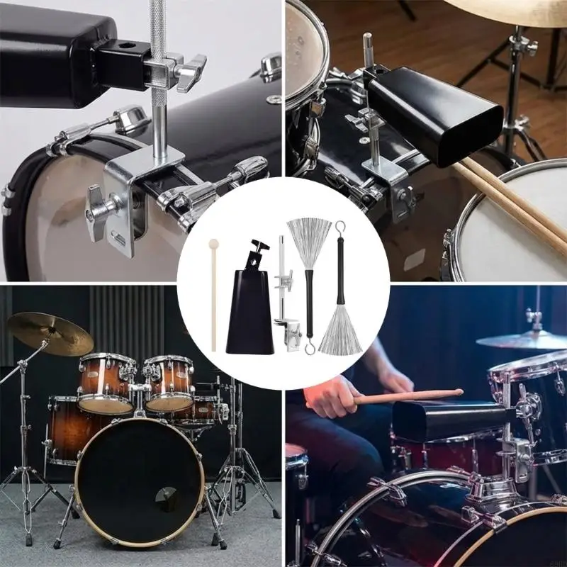 Komplettes Drum Cowbell-Klemmen-Set inklusive 6-Zoll-Metallglocke, zwei Bürsten und Holztrommelstock für Percussion-Zubehör 69HD – Detail 2