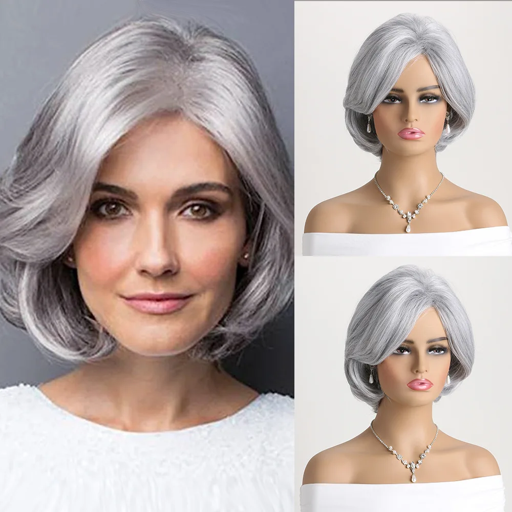 Short Straight Synthetic Silver Gray Wig Slanted Bangs Inner Buckle Hair Wigs For Women Daily Use Party Cosplay Heat Resistant