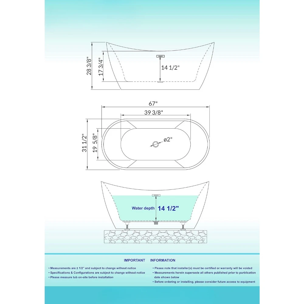 67" Acrylic Freestanding Bathtub Contemporary Soaking White Tub with Brushed Gold Overflow and Drain Easy clean easy maintenance 6