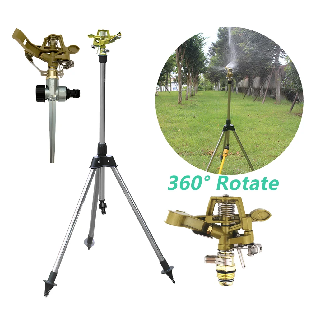 Impact Sprinkler on Retractable Tripod Base Heavy Alloy Water Sprinkler for Yard Lawn Garden 0-360° Rotate Large Area Coverage