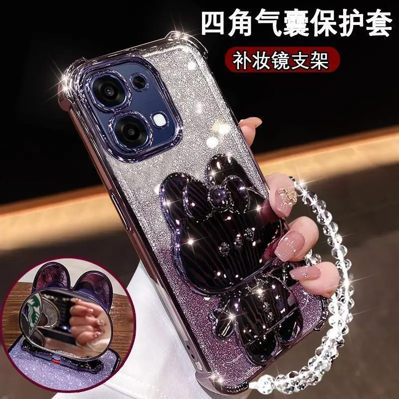 Rabbit Makeup Mirror Holder Gradient Glitter Strap Back Cover