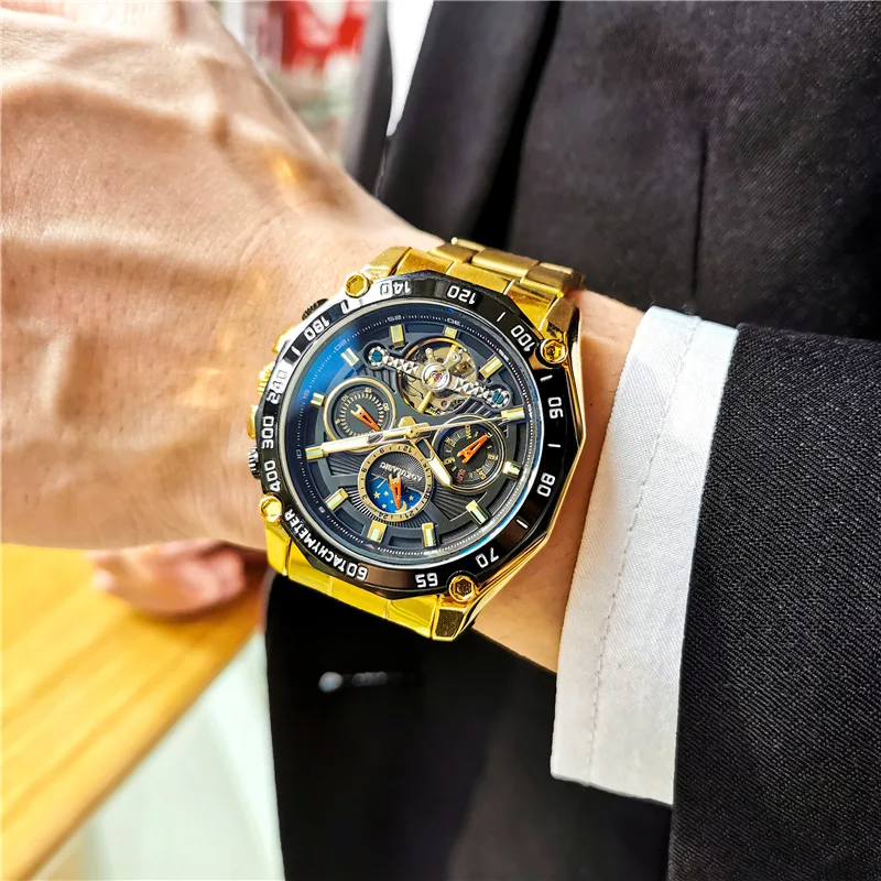 Orologio Automatico Uomo Meccanico – Quadrante Cielo Stellato, Cinturino Acciaio, Scheletro, Data E Settimana, Impermeabile 3 Atm