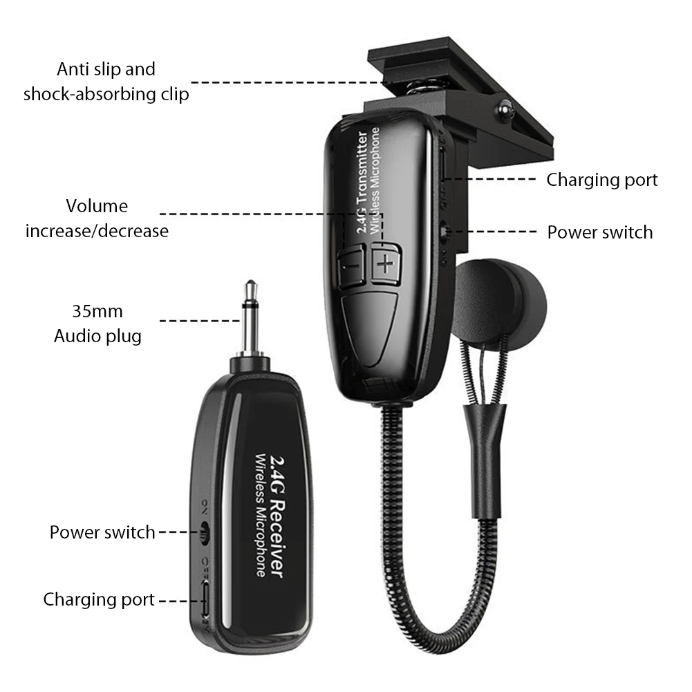 2.4G 무선 클립온 라펠 콘덴서 마이크, 30m 범위 색소폰 마이크, 플러그 앤 플레이, 트럼펫, 트롬본에 적합