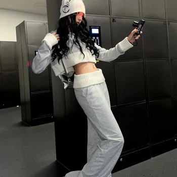 QWEEK Y2K 여성용 빈티지 그레이 트랙수트, 한국 패션, 대비 색상, 핫타이 팬츠 세트, 케이팝 발레코어 패치워크 신상투피스 세트, 트레이닝 세트, 한국 동대문 2023