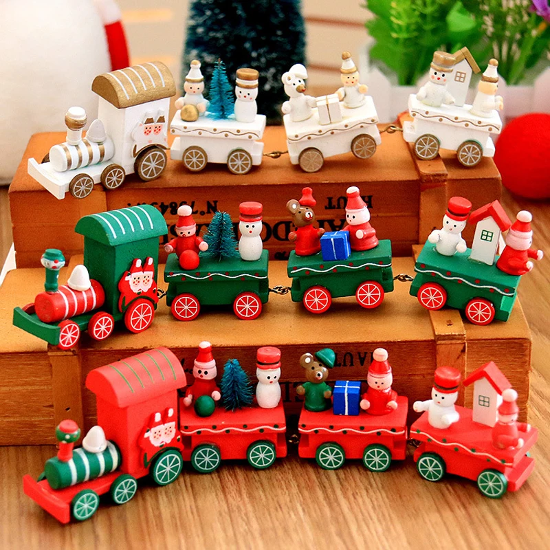 Mini Christmas Wooden Train Set Children New Year Gift Kids Vehicles Toy Home Xmas DIY Tabletop Decoration Holiday Desk Ornament
