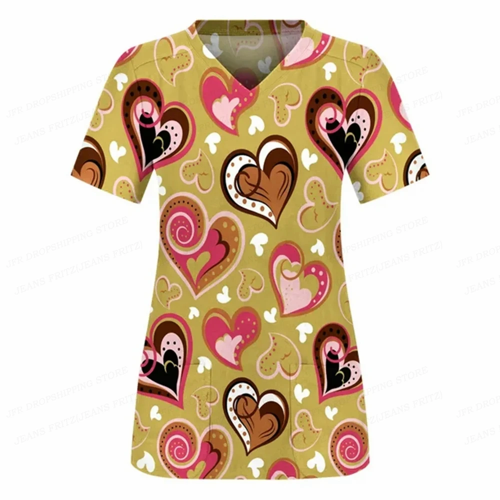Love Heart Nurse Uniform Valentines Day V-Neck Pocket Medical Uniforms Letter Nursing Scrubs Tops Workear Uniforme enfermera