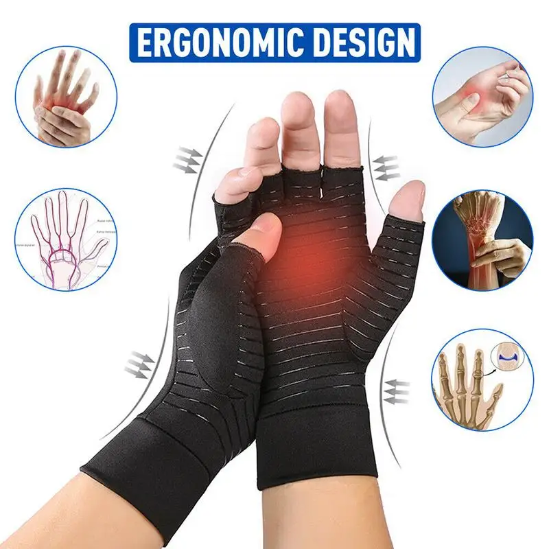 1 Pair Compression Gloves Hand Copper Arthritis Gloves Joint Pain Relief Half Finger Anti-slip Therapy Gloves For Womens Mens