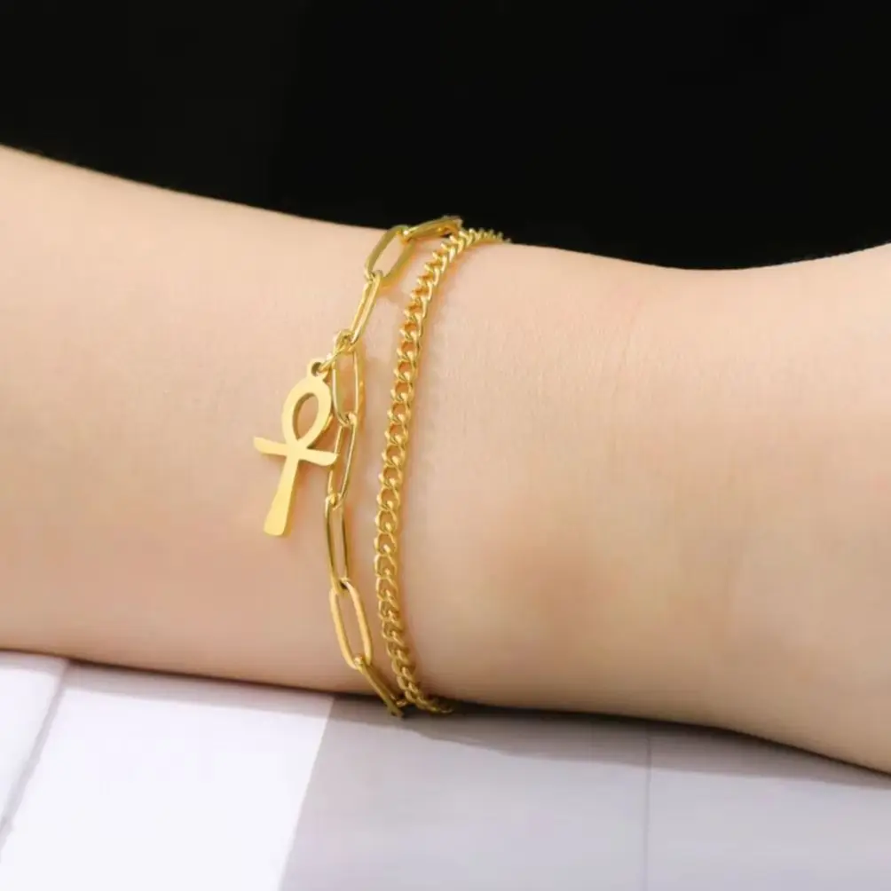 LIKGREAT Vintage Egypt Bracelet Ankh Charms Stainless Steel Bracelets Women Jewelry Double Chain Life Symbol Cross Amulet Anni - Image 4
