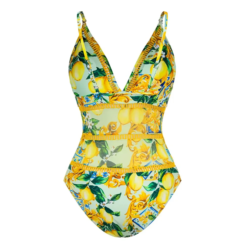 New Women Print Swimwear V Neck Blue Mediterranean One Piece Swimsuit and Mesh Splicing Skirt Bikini Summer Beach Wear Cover Up